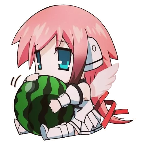 The character Ikaros in chibi style with her pet watermelon from the Anime Heaven's Lost Property.